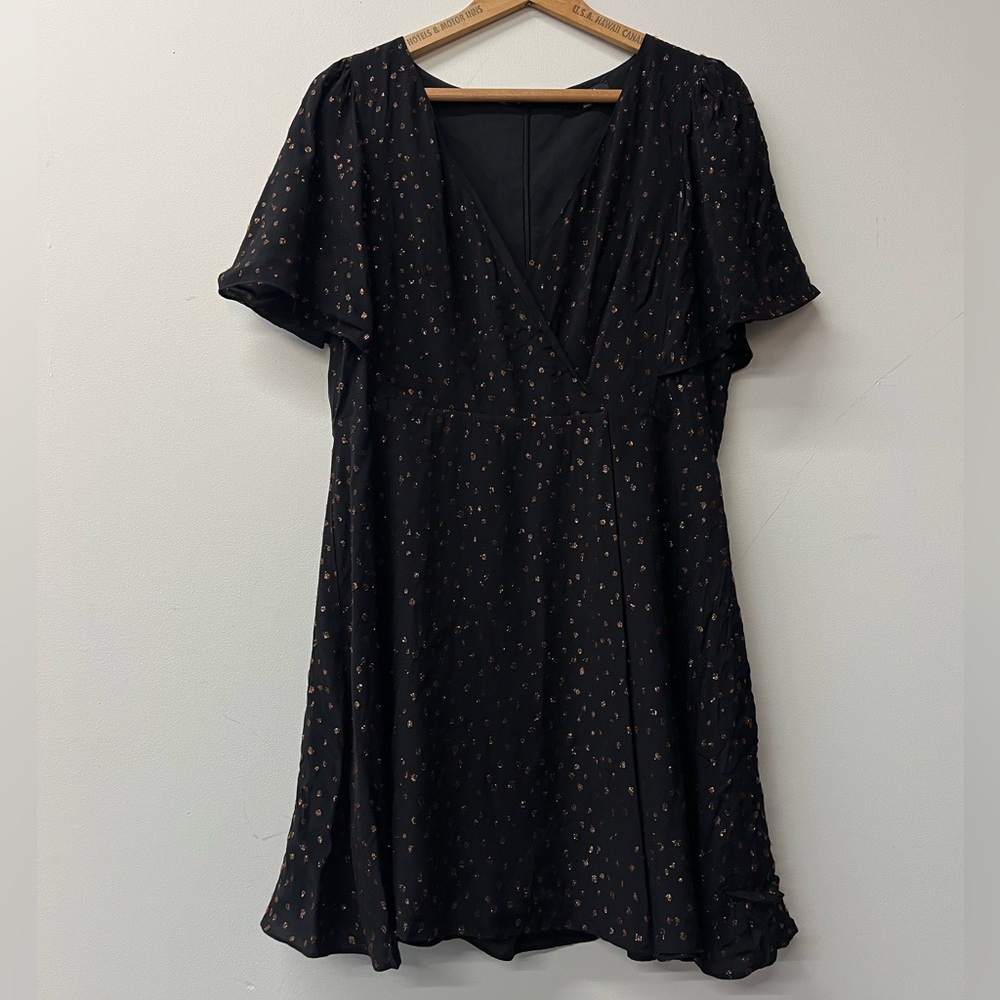 Madewell Women's 14 Black Gold Metallic Romantic Ruffle Sleeve Faux Wrap Dress